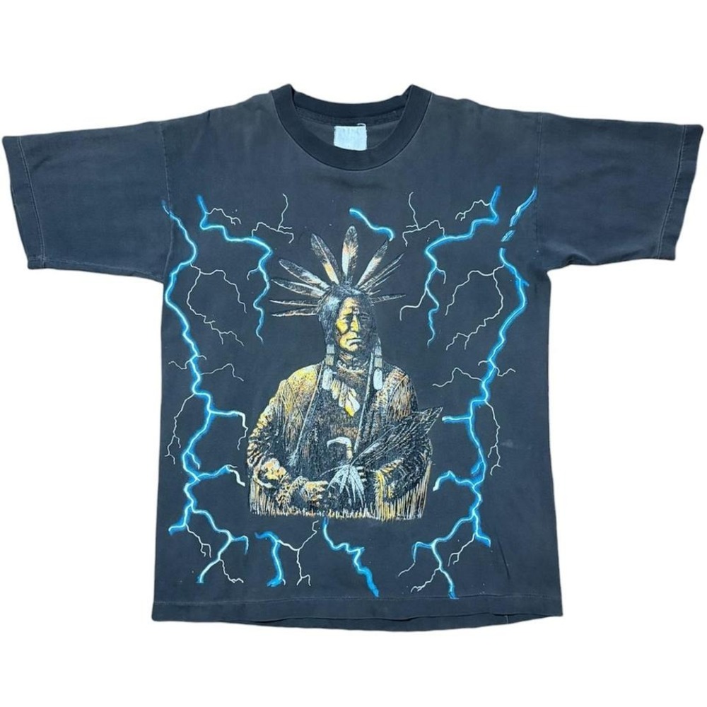 Vintage 90s Lightning Bolt Aboriginal Native Chief Thunder T-Shirt Large 21.5x28